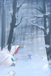 Size: 1181x1748 | Tagged: dead source, safe, artist:underpable, trixie, changeling, pony, unicorn, g4, blizzard, female, mare, snow, snowfall