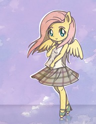 Size: 1280x1656 | Tagged: safe, artist:flutterluv, fluttershy, anthro, g4, ambiguous facial structure, clothes, cute, female, happy, shoes, skirt, solo