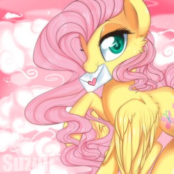 Size: 2000x2000 | Tagged: dead source, safe, artist:suzuii, fluttershy, g4, bedroom eyes, cute, high res, letter, mouth hold, shyabetes, stupid sexy fluttershy, valentine
