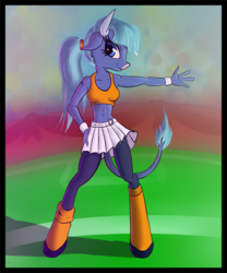 Size: 562x676 | Tagged: safe, artist:prodius, oc, oc only, oc:hester, minotaur, anthro, belly button, cheerleader, clothes, female, midriff, pleated skirt, ponytail, shoes, skirt, skirt lift, socks, solo