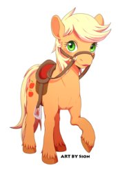 Size: 1148x1679 | Tagged: safe, artist:sion, applejack (g1), earth pony, pony, g1, bridle, cute, female, hatless, jackabetes, livestock play, looking at you, missing accessory, raised hoof, realistic, saddle, simple background, solo, stirrups, tack, transparent background, unshorn fetlocks