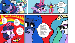 Size: 1594x904 | Tagged: source needed, safe, princess celestia, princess luna, twilight sparkle, alicorn, pony, g4, comic, fire, implied evil, parody, rainbow, star vs the forces of evil, twilight sparkle (alicorn)