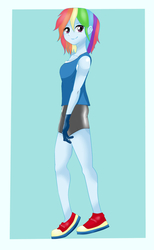 Size: 993x1613 | Tagged: dead source, safe, artist:ryou14, rainbow dash, equestria girls, g4, alternate hairstyle, clothes, female, looking at you, solo, sports shorts, tank top