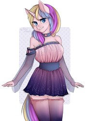 Size: 853x1200 | Tagged: safe, artist:yukomaussi, holly dash, anthro, g4, belt, breasts, busty holly dash, choker, clothes, dress, freckles, happy, looking at you, skirt, smiling, solo, stockings