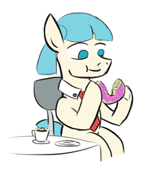 Size: 499x516 | Tagged: safe, artist:jargon scott, coco pommel, earth pony, pony, g4, chair, cocoa cantle, donut, eating, male, rule 63, sitting, solo, stallion, table