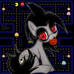 Size: 1024x1024 | Tagged: safe, artist:paulpeopless, oc, oc only, oc:paulpeoples, pony, cookie, food, mouth hold, pac-man, red eyes, video game