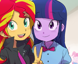 Size: 555x455 | Tagged: dead source, safe, artist:baekgup, pinkie pie, sunset shimmer, twilight sparkle, equestria girls, g4, my little pony equestria girls: rainbow rocks, clothes, duo, eyes closed, female, open mouth, peace sign, smiling, twilight sparkle (alicorn)