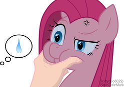 Size: 3546x2480 | Tagged: safe, artist:newcutiemark, pinkie pie, earth pony, pony, g4, :t, angry, cheek squish, cheeks, cross-popping veins, hand, high res, offscreen character, offscreen human, pinkamena diane pie, ponk, raised eyebrow, squeezing, squishy cheeks, sweatdrop, this will not end well
