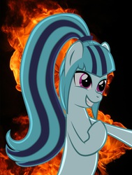 Size: 2476x3272 | Tagged: safe, artist:newcutiemark, sonata dusk, earth pony, pony, g4, black background, earth pony sonata dusk, equestria girls ponified, female, fire, high res, mare, ponified, pure unfiltered evil, simple background, solo