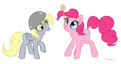 Size: 1280x680 | Tagged: safe, artist:rileyav, derpy hooves, pinkie pie, pegasus, pony, g4, balancing, bowl, female, mare, ponies balancing stuff on their nose, spoon