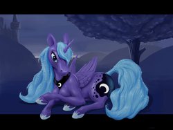 Size: 1023x768 | Tagged: safe, artist:pierropod, princess luna, g4, castle, female, prone, s1 luna, solo, twilight (astronomy)