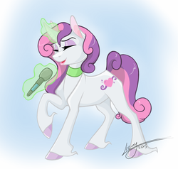 Size: 1203x1147 | Tagged: safe, artist:lionylioness, sweetie belle, g4, eyes closed, female, magic, microphone, older, solo, sweetie belle's magic brings a great big smile, telekinesis, unshorn fetlocks