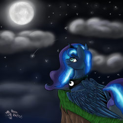 Size: 5000x5000 | Tagged: safe, artist:brexithepotato, princess luna, g4, absurd resolution, cloud, cloudy, female, moon, night, prone, shooting star, solo