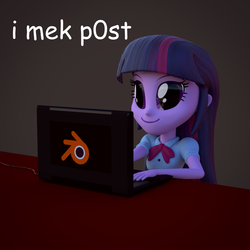 Size: 1440x1440 | Tagged: safe, artist:3d thread, artist:creatorofpony, twilight sparkle, equestria girls, g4, /mlp/, 3d, 3d model, blender, clothes, computer, derp, female, laptop computer, shirt, smiling, solo