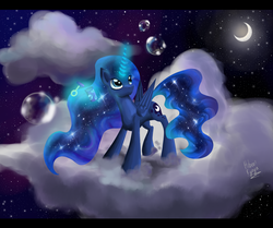 Size: 1956x1637 | Tagged: safe, artist:hilloty, princess luna, alicorn, pony, g4, 2013, bubble, cloud, cloudy, computer mouse, female, glowing horn, horn, looking up, magic, moon, night, on a cloud, soap bubble, solo, stars, telekinesis