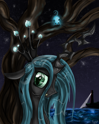 Size: 800x1000 | Tagged: dead source, safe, artist:hilloty, queen chrysalis, changeling, changeling queen, g4, fangs, female, floppy ears, lighthouse, night, solo, water