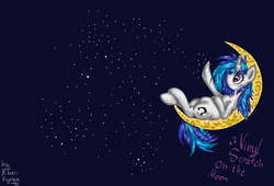 Size: 1274x864 | Tagged: safe, artist:hilloty, dj pon-3, vinyl scratch, pony, unicorn, g4, female, looking up, moon, on back, solo, tangible heavenly object