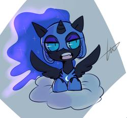 Size: 773x721 | Tagged: safe, artist:lessue, nightmare moon, g4, cute, female, filly, looking at you, nightmare woon, pillow, prone, solo, spread wings
