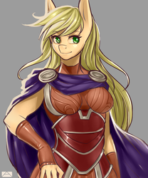 Size: 1000x1200 | Tagged: dead source, safe, artist:m@k, applejack, earth pony, anthro, g4, armor, cape, clothes, female, solo