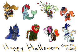 Size: 1300x880 | Tagged: safe, artist:kudalyn, feathermay, princess luna, oc, oc:apple mallow, oc:aqua drop, oc:icy delight, oc:kudalyn, oc:moon brook, oc:strawberry fields, oc:strawberry orange, hippocampus, merpony, g4, ask, clothes, costume, crossover, questionthekudas, simple background, tumblr, white background