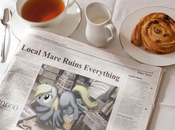 Size: 1200x892 | Tagged: safe, derpy hooves, pegasus, pony, g4, everything is ruined, female, food, i just don't know what went wrong, irl, male, mare, newspaper, newspaper editor, photo, tea, the simpsons