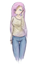 Size: 1113x1951 | Tagged: safe, artist:burnoid096, fluttershy, human, g4, clothes, female, humanized, jeans, light skin, looking away, solo