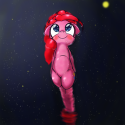Size: 1000x1000 | Tagged: safe, artist:ushiro no kukan, pinkie pie, g4, belly, female, floating, smiling, solo, stargazing, water, wet