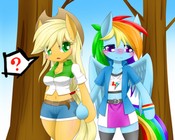 Size: 700x560 | Tagged: safe, artist:hashioaryut, applejack, rainbow dash, earth pony, pegasus, anthro, semi-anthro, g4, arm hooves, belly button, bipedal, blushing, breasts, busty applejack, cleavage, clothes, delicious flat chest, duo, equestria girls outfit, female, holding hooves, lesbian, looking down, midriff, pixiv, rainbow flat, ship:appledash, shipping, tree