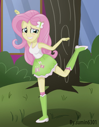 Size: 1944x2498 | Tagged: safe, artist:sumin6301, fluttershy, equestria girls, g4, blushing, boots, clothes, cute, female, fluttershy's skirt, high heel boots, pose, raised leg, shyabetes, skirt, solo, tank top, tree