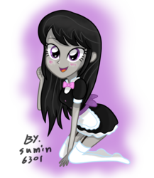 Size: 1236x1424 | Tagged: safe, artist:sumin6301, octavia melody, equestria girls, g4, blushing, bowtie, clothes, female, garter belt, maid, missing shoes, simple background, solo, stockings, transparent background