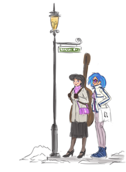 Size: 939x1280 | Tagged: safe, artist:king-kakapo, dj pon-3, octavia melody, vinyl scratch, human, g4, cello, clothes, double bass, glasses, high heels, humanized, lamppost, light skin, musical instrument, open mouth, shoes, simple background, snow, street sign, white background