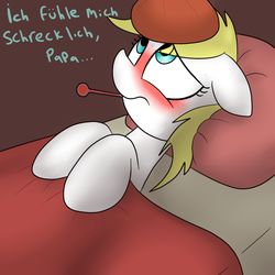 Size: 800x800 | Tagged: safe, artist:datte-before-dawn, oc, oc only, oc:aryanne, backwards thermometer, bed, female, filly, german, ice pack, sick, solo, thermometer