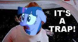 Size: 307x164 | Tagged: safe, artist:gnp foehammer, screencap, twilight sparkle, alicorn, pony, g4, the cutie map, a-wing, admiral ackbar, female, floppy ears, frown, home one, it's a trap, mare, meme, open mouth, star wars, twilight sparkle (alicorn), wide eyes, y-wing