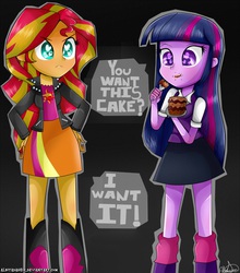 Size: 1283x1457 | Tagged: safe, artist:vixelzf, sunset shimmer, twilight sparkle, equestria girls, g4, alternate clothes, cake, do you want this cake, harry partridge, heart eyes, twilight sparkle (alicorn), wingding eyes