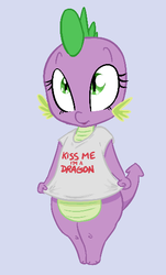 Size: 329x546 | Tagged: safe, artist:shoutingisfun, spike, dragon, g4, barb, barbabetes, bottomless, bronybait, clothes, cute, female, looking up, rule 63, rule63betes, shirt, smiling, solo, spikabetes