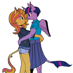 Size: 1280x1280 | Tagged: safe, artist:spectralunicorn, sunset shimmer, twilight sparkle, classical unicorn, anthro, equestria girls, g4, clothes, duo, female, horn, leonine tail, lesbian, ship:sunsetsparkle, shipping, simple background, transparent background, twilight sparkle (alicorn), wing hole