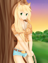 Size: 850x1100 | Tagged: safe, artist:ika-hime, applejack, human, g4, clothes, eared humanization, female, front knot midriff, humanized, light skin, midriff, shorts, solo, tailed humanization, watermark