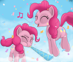 Size: 1600x1372 | Tagged: safe, artist:irregular-entity, pinkie pie, g4, confetti, filly, party horn, self ponidox, time paradox, younger