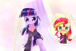 Size: 2750x1850 | Tagged: safe, artist:cyanaeolin, sunset shimmer, twilight sparkle, alicorn, pony, unicorn, g4, blushing, clothes, equestria girls outfit, female, lesbian, question mark, ship:sunsetsparkle, shipping, sweater, turtleneck