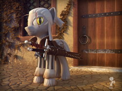 Size: 2048x1536 | Tagged: safe, artist:expir, pony, 3d, cat eyes, clothes, frown, geralt of rivia, looking at you, ponified, scar, slit pupils, solo, sword, the witcher, weapon