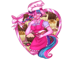 Size: 3850x2975 | Tagged: safe, artist:ladypixelheart, oc, oc only, oc:sonate, anthro, anthro oc, apron, baking, blushing, braid, chocolate, clothes, high res, simple background, transparent background, valentine's day