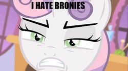 Size: 960x539 | Tagged: safe, sweetie belle, pony, unicorn, g4, angry, brony, edgy, faic, filly, hate, image macro, irony, meme