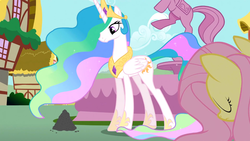 Size: 1366x768 | Tagged: safe, screencap, fluttershy, philomena, princess celestia, a bird in the hoof, g4, ash