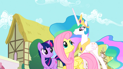 Size: 1366x768 | Tagged: safe, screencap, fluttershy, princess celestia, twilight sparkle, alicorn, pegasus, pony, unicorn, a bird in the hoof, g4, season 1, unicorn twilight