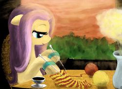 Size: 1632x1200 | Tagged: safe, artist:sigpi, fluttershy, pony, g4, female, knitting, solo