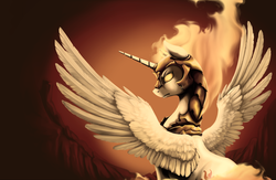 Size: 1846x1200 | Tagged: dead source, safe, artist:28gooddays, nightmare star, princess celestia, g4, badass, epic, female, helmet, mane of fire, solo, spread wings, tail of fire, wings