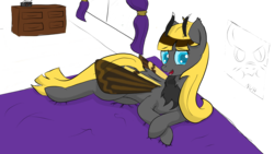 Size: 1920x1080 | Tagged: safe, artist:codras, oc, oc only, oc:hexferry, mothpony, original species, bed, crossed legs, curtains, dresser, looking at you, poster, prone, simple background, solo, transparent background, window