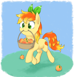 Size: 1363x1422 | Tagged: safe, artist:yeendip, peachy pie, earth pony, pony, g4, basket, cute, herbivore, mouth hold, peach, solo