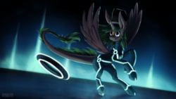 Size: 1024x576 | Tagged: safe, artist:br0ny, oc, oc only, oc:pranksolot, alicorn, hybrid, pony, alicorn oc, clothes, commission, costume, crossover, identity disk, tron