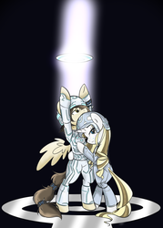 Size: 1000x1400 | Tagged: safe, artist:bamboodog, artist:wooden-flashlight, oc, oc only, oc:buttercream, pegasus, pony, unicorn, bipedal, clothes, collaboration, costume, crossover, female, identity disk, looking at you, male, mare, stallion, tron